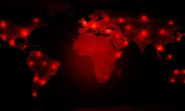 A world map with glowing red lines indicating cyberattacks originating from different countries. Lines converge on the United States, highlighting its vulnerability to cyber threats.