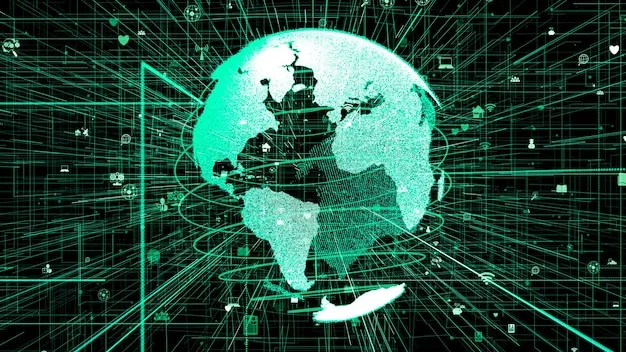 A digital illustration depicting a world map overlaid with interconnected lines representing cyber networks, highlighting the global nature of cyber threats and the need for international cooperation.