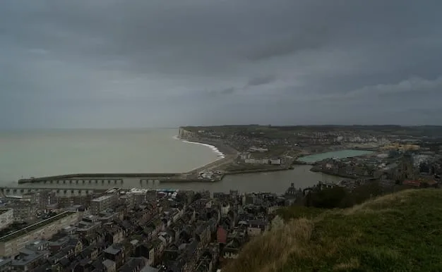 A dramatic aerial view of a coastal city being battered by a severe hurricane. The city is partially flooded, with damaged buildings and debris floating in the water. Dark storm clouds fill the sky, and the overall scene conveys a sense of destruction and environmental chaos.