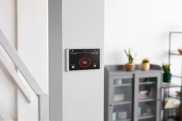 An interior shot of a home with a visible alarm system control panel on the wall, indicating an armed status. The setting should be a cozy living room, subtly suggesting that home security can blend seamlessly into daily life.
