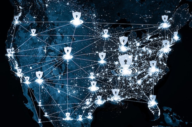 A network diagram showing data flowing through various US businesses (e.g., healthcare, finance, retail), with a red alert symbol appearing in each sector. The visual represents the widespread impact of the vulnerability.