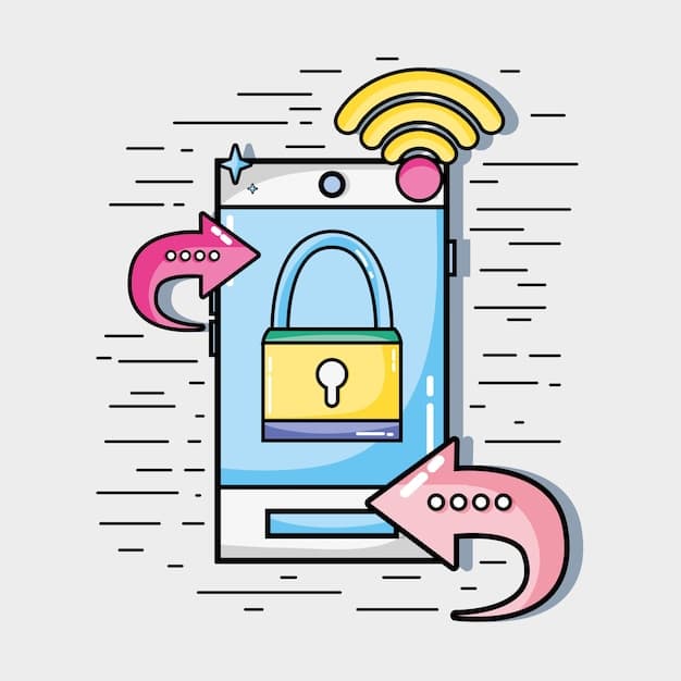 An illustration of a digital lock protecting social media icons, with multiple lines coming from the lock connecting to each social media platform logo, symbolizing security and data protection.