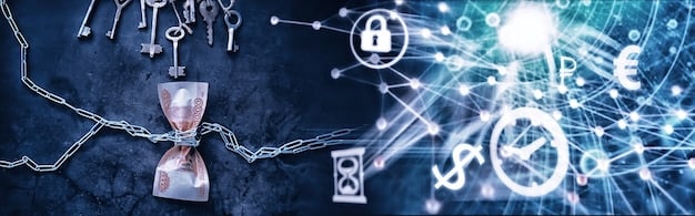 A graphical representation of a data breach, showing a lock being broken and data flowing out.