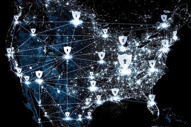 A network diagram illustrating data flow and communication between various entities (federal agencies, state governments, local election offices) with padlocks symbolising secure connections. The overall image aims to convey the importance of collaboration and secure information sharing in election cybersecurity.