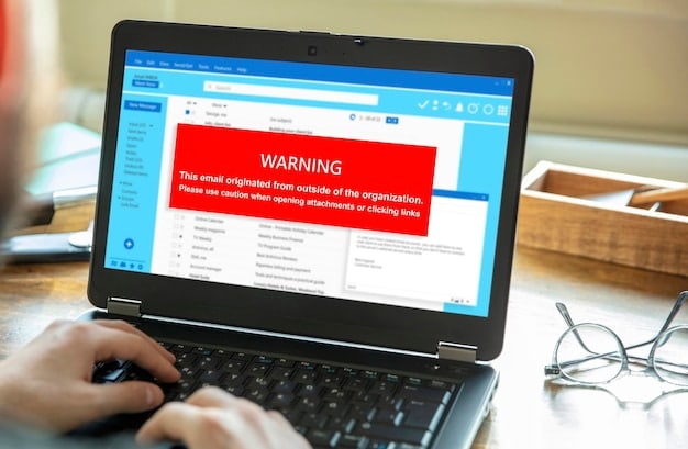 A close-up of a laptop screen displaying a phishing email, with urgent red text and a fake company logo. A hand hovers over the keyboard, about to click on a malicious link. The background is a cluttered home office environment.