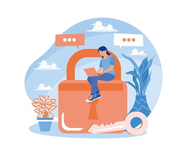An illustration of a person working remotely on a laptop, with a lock symbol overlaid on the screen. Various security icons surround the laptop, representing layers of protection. The background is a modern, minimalist home office setup.