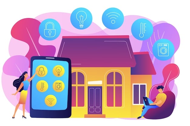 An illustration showing a shield protecting a home network, with various smart home devices (laptop, tablet, smartphone) connected securely.