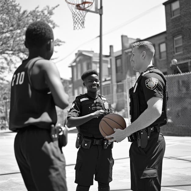 A police officer is shown talking to a group of teenagers on a basketball court in a friendly, non-confrontational manner. The scene is during daylight hours in a vibrant urban neighborhood.
