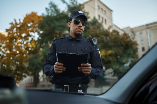 A close-up shot of a police officer using a tablet device in a patrol car. The tablet displays a real-time crime map with color-coded areas indicating crime density. The officer is shown interacting with the map, zooming in on specific locations and accessing crime details.