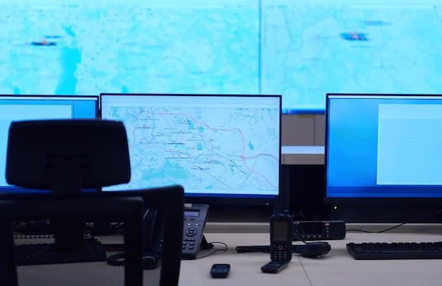 Inside a police command center, multiple large screens display a real-time crime map of the city. The map shows active incidents, police vehicle locations, and other relevant information. Officers are actively monitoring the screens and coordinating responses.