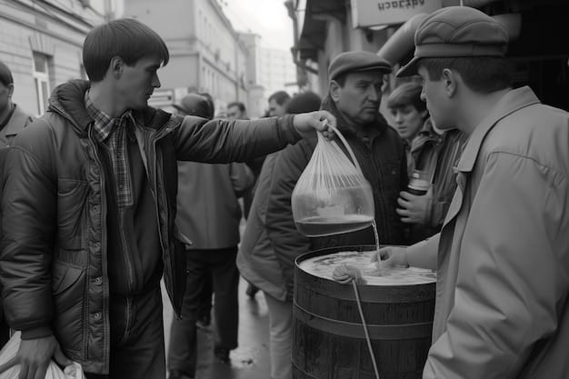 A black and white photograph from the Great Depression era showing a breadline, symbolizing economic hardship.