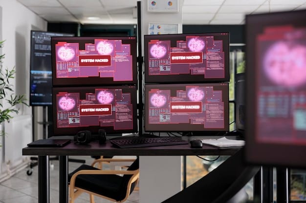 A photograph of a modern cybersecurity command center, with multiple screens displaying real-time threat analysis, network monitoring, and digital security protocols in action.