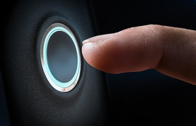 A close-up of a biometric scanner being used at a border crossing, with a focus on the technology's interface and the individual's hand or face being scanned. The image highlights the precision and speed of biometric identification in border control.
