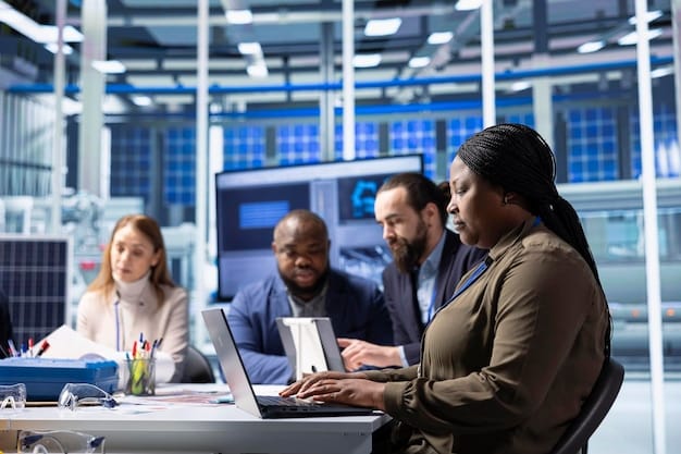 A diverse group of cybersecurity professionals collaborating around a table, reviewing threat intelligence data and network diagrams, symbolizing the collective effort needed for effective critical infrastructure protection.