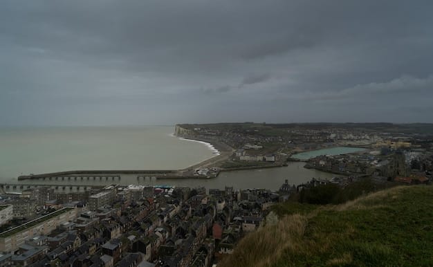 A dramatic aerial view of a coastal city being battered by a severe hurricane. The city is partially flooded, with damaged buildings and debris floating in the water. Dark storm clouds fill the sky, and the overall scene conveys a sense of destruction and environmental chaos.
