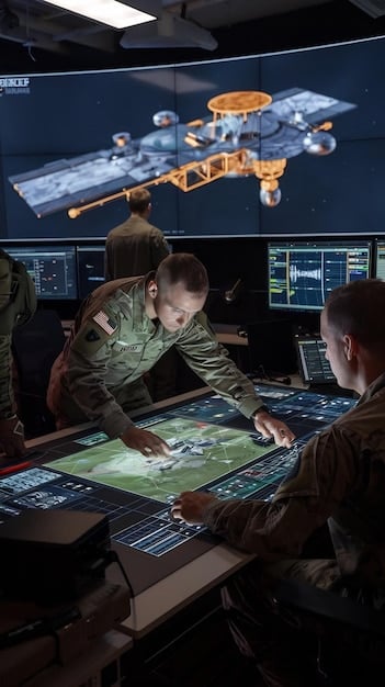 A photograph of US Space Force personnel working in a command center, monitoring satellite activity and coordinating defense strategies, emphasizing the human element of space operations.