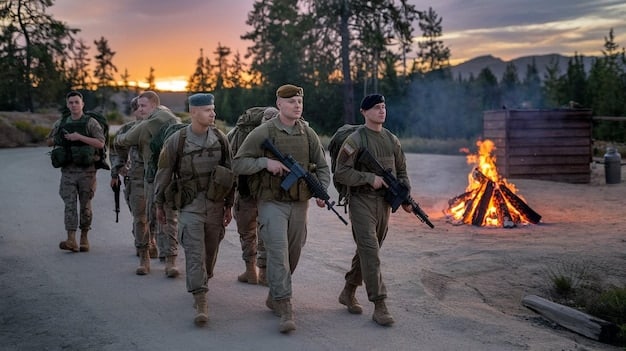 A group of US Army soldiers participating in a live-fire training exercise, firing rifles and machine guns while advancing through a simulated battlefield. Explosions and smoke add to the realism of the scene.