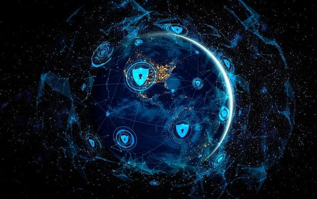 A digital rendering showing a network of interconnected nodes representing critical infrastructure, with shields and locks symbolizing cybersecurity protection measures.
