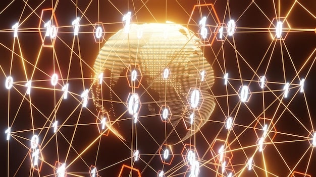 A network of interconnected nodes representing a global cyber network. The nodes are flashing with cybersecurity threats, such as malware and data breaches. A digital shield is attempting to protect the network.