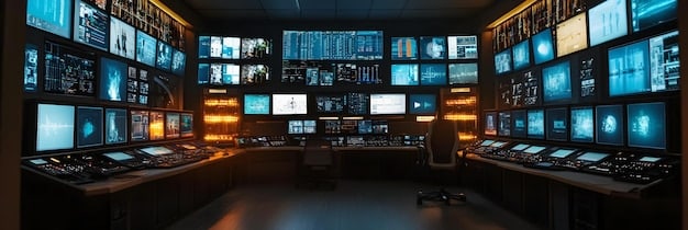 A futuristic control room with large screens displaying real-time data, crime statistics, and surveillance footage. Law enforcement officers are monitoring and analyzing the information to detect and prevent criminal activity.