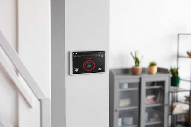 An interior shot of a home with a visible alarm system control panel on the wall, indicating an armed status. The setting should be a cozy living room, subtly suggesting that home security can blend seamlessly into daily life.