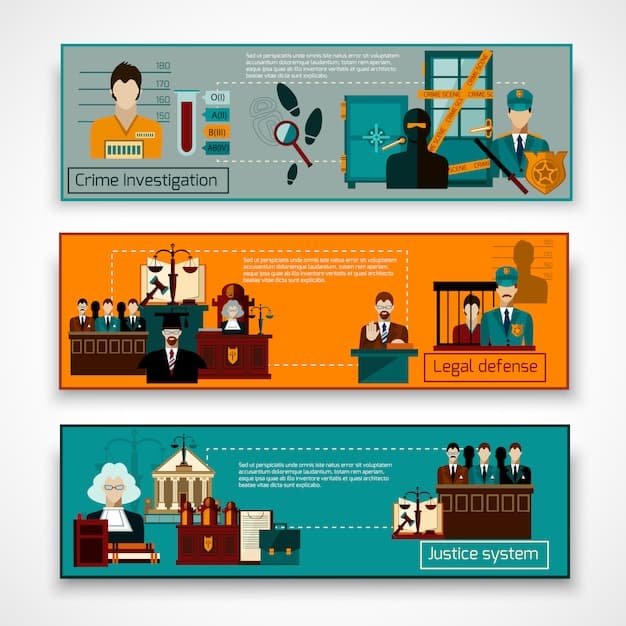 A graphic illustration showing the different stages of the criminal justice system, including investigation, arrest, arraignment, trial, and sentencing. Each stage is briefly described with icons representing each step.