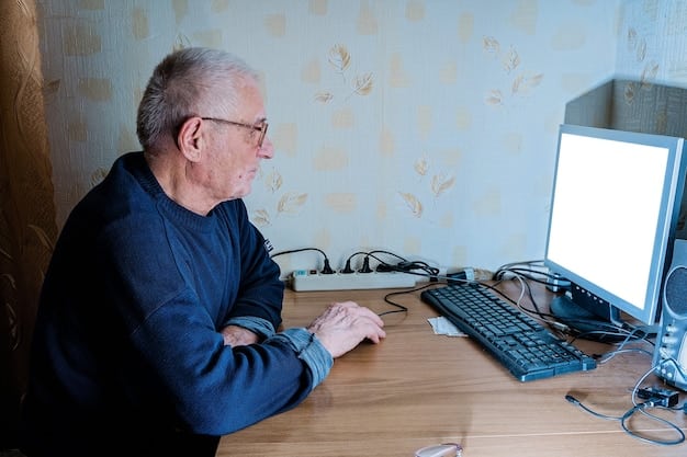 A senior citizen looking confused and concerned in front of a computer screen, with phishing emails visible on the screen. A hand reaches out from behind the screen, subtly suggesting a manipulative presence.