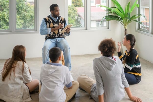 A diverse group of people sitting in a circle during a support group meeting. The atmosphere is warm, and each participant appears engaged and hopeful.